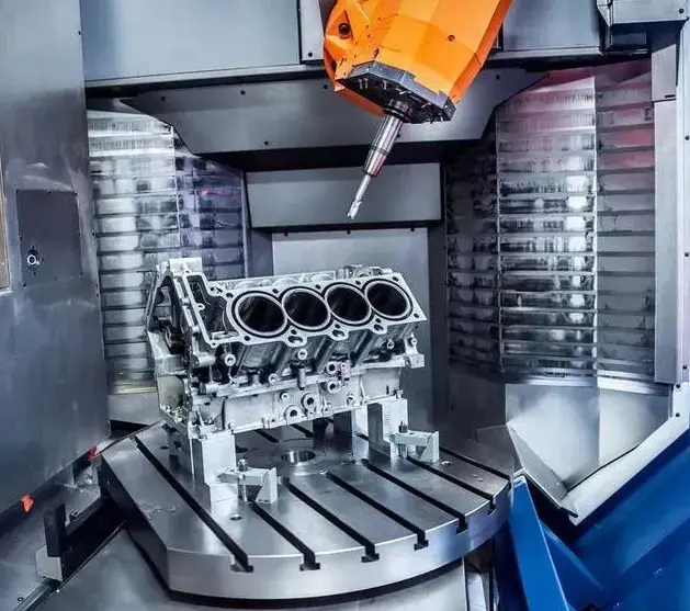 A CNC machine in action, cutting and shaping metal parts for use in the aerospace industry. CNC machining is widely used in various industries, including automotive, medical, and defense, for precise and efficient manufacturing processes.